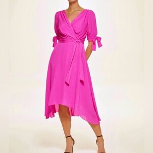 DKNY Vibrant Pink Faux Wrap Tie Sleeve Midi Dress 10